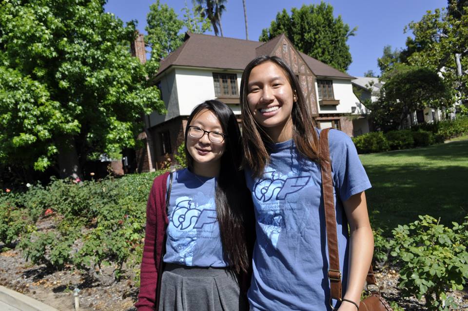 Publicist Jayne Yokoyama ('14) (left) and Secretary Elise Dang ('14) (right) tour the Caltech campus.