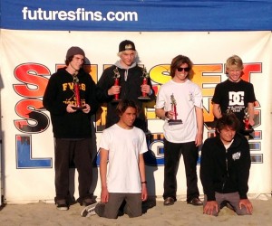 Sasha Davis (second top-left) and Cody Sizemore (top-left) posing with their awards for bodyboarding. Photo by Brent Frederisy
