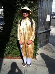 Junior Sam Pham wears a festive Lunar New Year outfit in celebration of the year of the horse.