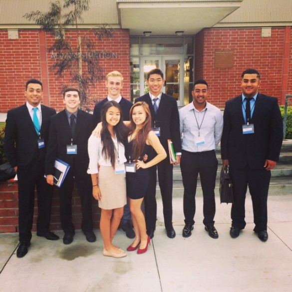Students Back Row: Mahdie Diab (Director of Sales and Fundraising, Dominic Cunneen (CEO), Colin Mason (COO), Alvin Nguyen (Accounting), Reza Alli (Director of Fundraising, Hamza Awan (CFO), Front rown: Tiffany Tieu (COO), Carolyn Nguyen (Director of Trade Shows/Events) are the class leaders of the virtual Enterprise ROP course who attended the OC Virtual Enterprise Leadership Training Day. Picture taken by Mrs. McCance 
