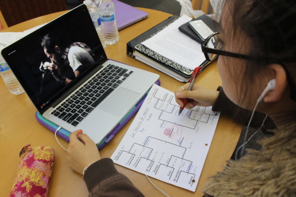 Michelle Lee ('16) listening to one of the two Spanish songs and choosing her favorite one. 