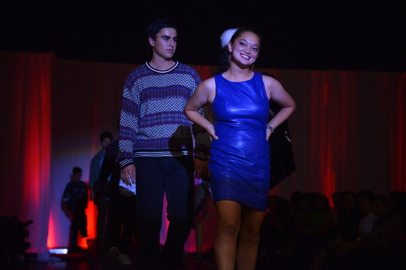 Jake Arnold '15 and Kiana Dinsmore '15 model on the runway.