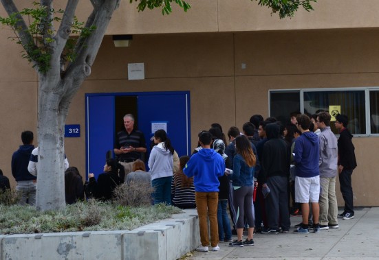 May is testing season. Mr. Tuttle explains AP testing procedures to students taking the English Literature test.