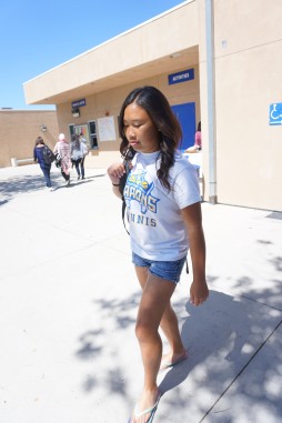 Even on a hot day, Vivian Yenson ('18) describes how she feels targeted by supervision for wearing shorts /photo by Aozora Ito/ 