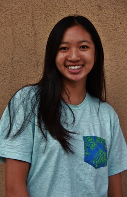 Serengetee representative Amanda Lee ('16) models a pocket t-shirt made of fabric from Indonesia. Photo by Julia Pacis
