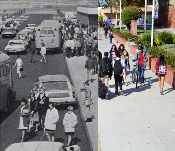 Fountain Valley High School in the 60's versus now. Photo by Steve Phan and FVHS yearbook archive 1967