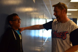 Student Teacher, Ryan Haley jokes around with with Joshua Cortez ('17)