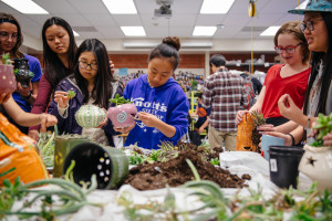 Ceramics students choose succulents to plant in their terrariums. Photo by Edward Fahman
