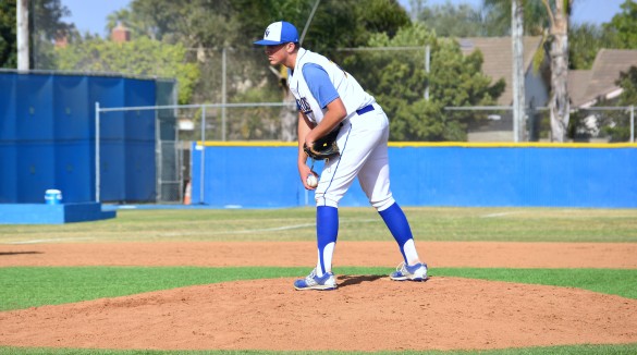 Starting pitcher Nathan Wilson ('18) stares down the Edison batter in preparation of his pitch. Photo by Yasir Khaleq. 