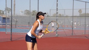 Doubles No. 3 Kayla Korhonen ('17) prepares for a serve return against Long Beach Poly. Photo provided by Jennifer Nguyen.