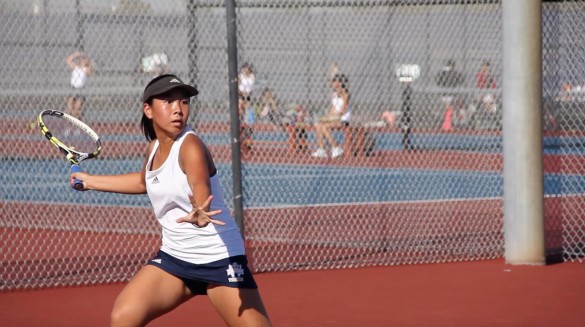 Senior Captain and Singles No. 1 Katie Ho ('17) prepares for a forehand return. Photo provided by Jennifer Nguyen.