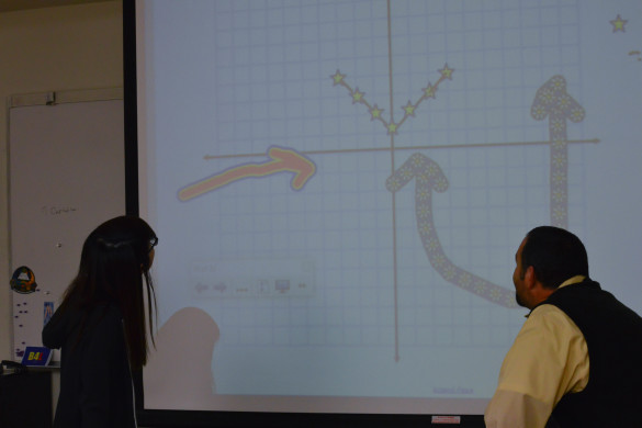 Mr. Mckernan helps Sandra On ('17) graph lines on the projector. Photo by Yasir Khaleq