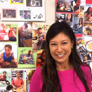 Saori Tanaka is pictured with her Japanese student's culture projects. 