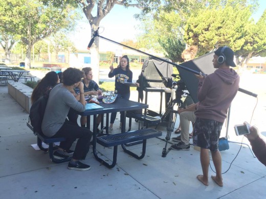 The BBN crew works overtime on a Saturday morning to film. Photo courtesy of Karen Kim and Christina Tran.