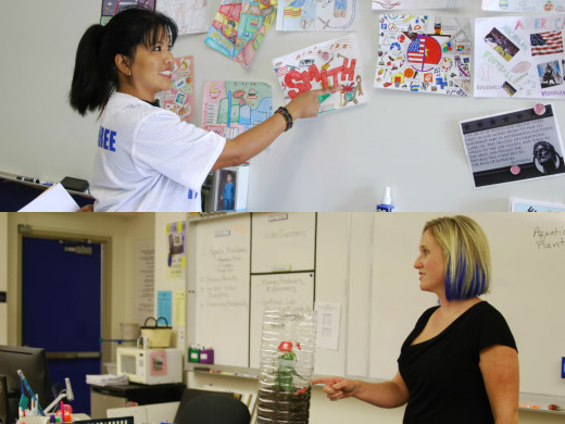 Julie Chaicharee (top) presenting students' culture maps and Deborah Brown (bottom) educating students on an ecology column project. Photo by Elise Tran 