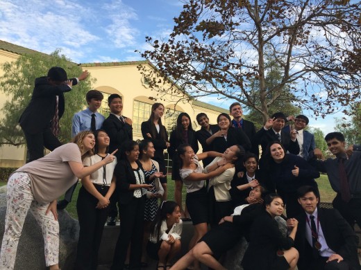FVHS Mock Trial team strikes silly poses after their back to back wins. Photo provided by Ally Lenguyen