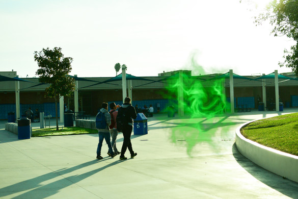 Fountain valley student walking in the area where the stench is most prevalent. Photo Illustration by Benjamin Minch and Yasir Khaliq
