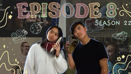 BBN Episode 8 Anchor photo. Two students pose with shoes as telephones.